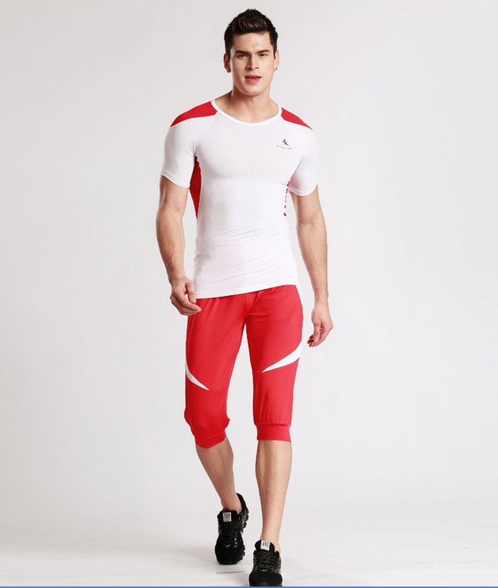 YG1081 Mens Sports Compression Skin Tights Short Sleeve Top   Pants Set
